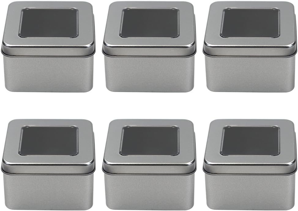 Paquete de 6 cajas de metal cuadradas rectangulares de 8 onzas con tapas grandes transparentes para ventana, 3.6 x 3.6 pulgadas de base x 2.4