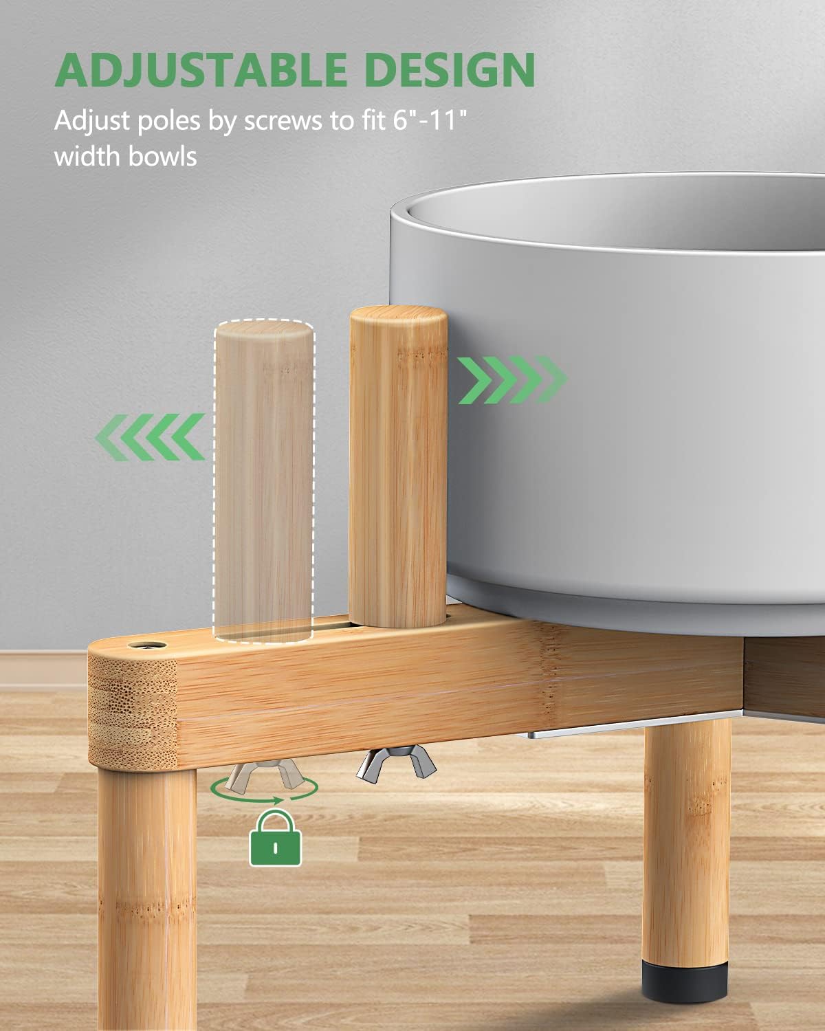 Vantic Soporte para cuenco para perros, soporte elevado ajustable para alimentos para perros de 6.5 a 11 pulgadas de ancho, soporte elevado de bambú