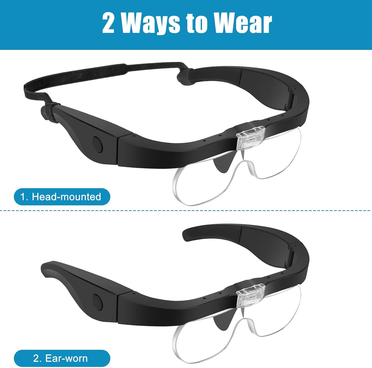 Lupas recargables, lupa iluminada para la cabeza con luz, lupa iluminada manos libres con 4 lentes desmontables 1.5X, 2.5X, 3.5X, 5X para leer joyas