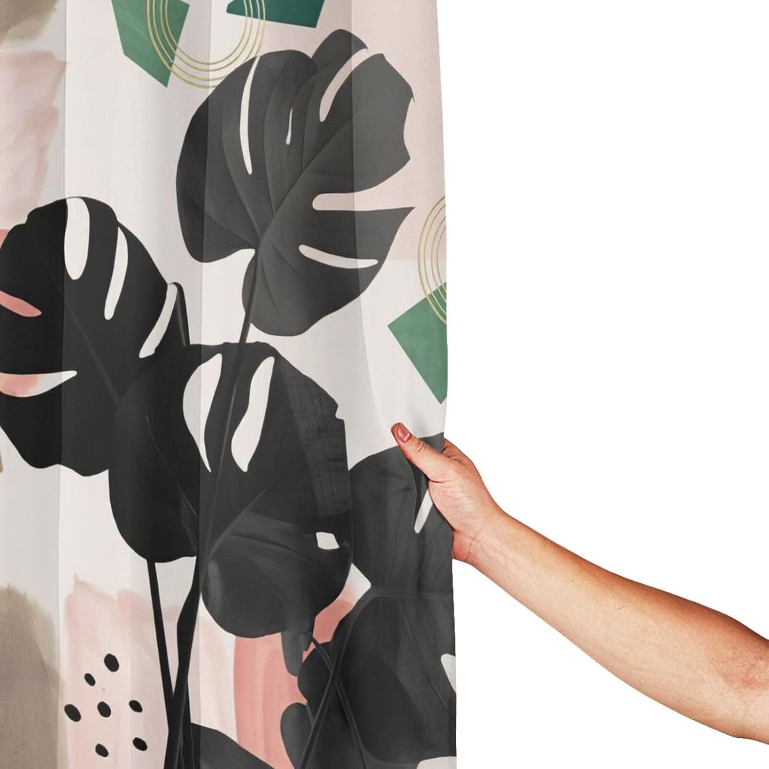 Cortina de ducha bohemia con diseño botánico abstracto de hojas de palmera negra, tela de poliéster, impermeable, de mediados de siglo, con ganchos,