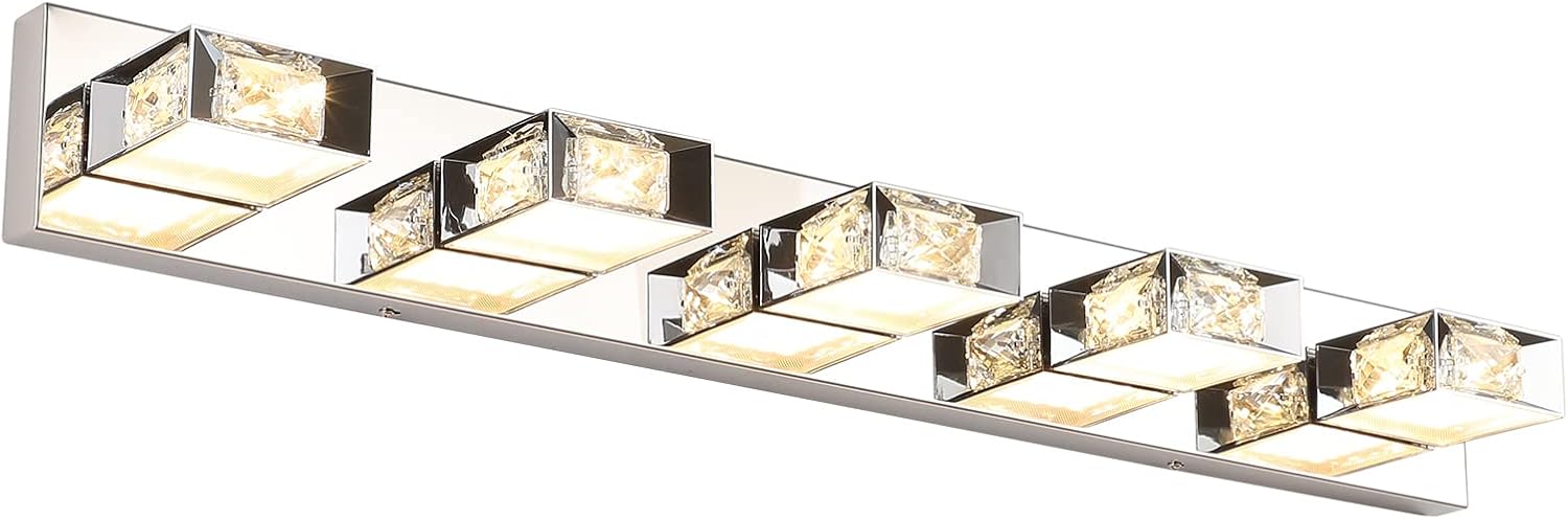 Joossnwell Lámpara de tocador de baño regulable, 5 luces, moderna iluminación LED de cristal para baño, lámpara de pared sobre espejo, 35.4 pulgadas