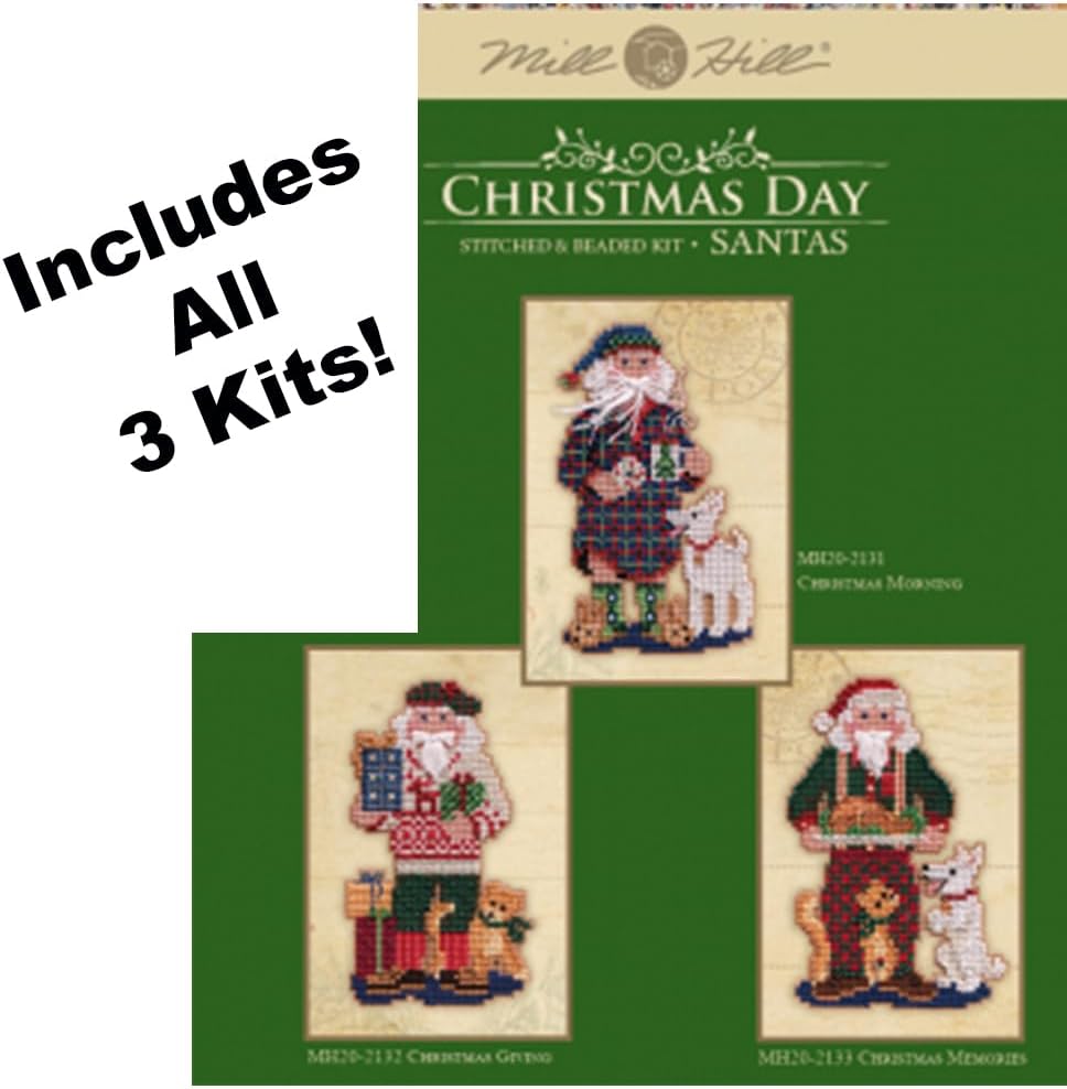 Mill Hill – Juego de 3 kits de punto de cruz con cuentas que incluyen la mañana de Navidad, regalos y recuerdos, además de calcomanía decorativa