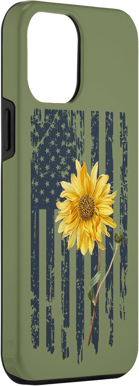 Funda para iPhone 14 Plus con diseño patriótico de girasol amarillo con bandera estadounidense para mujer, color verde salvia