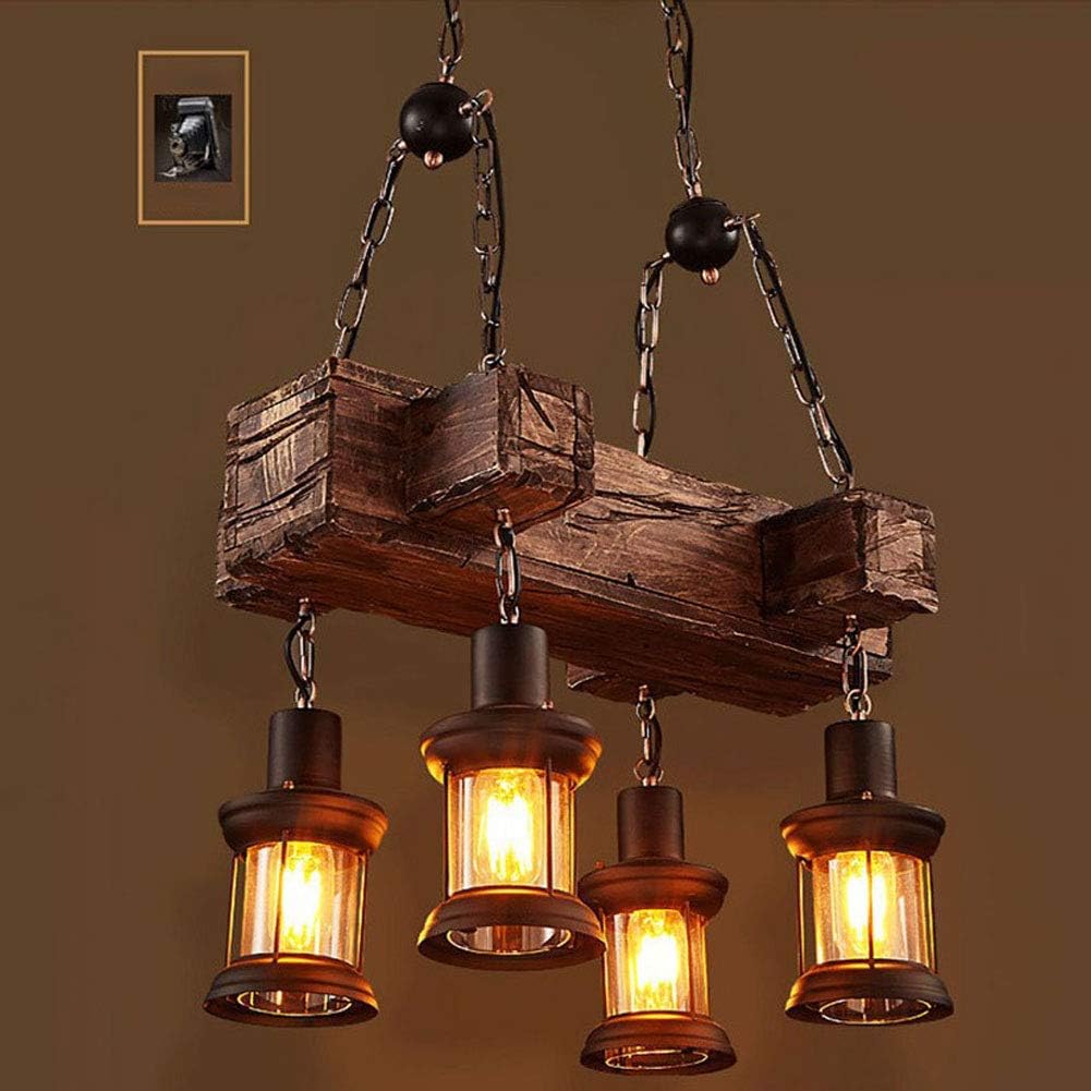 Lámpara colgante colgante de madera vintage industrial Retro Loft Lantern Candelabro 4 luces de suspensión para cafetería, restaurante (1)
