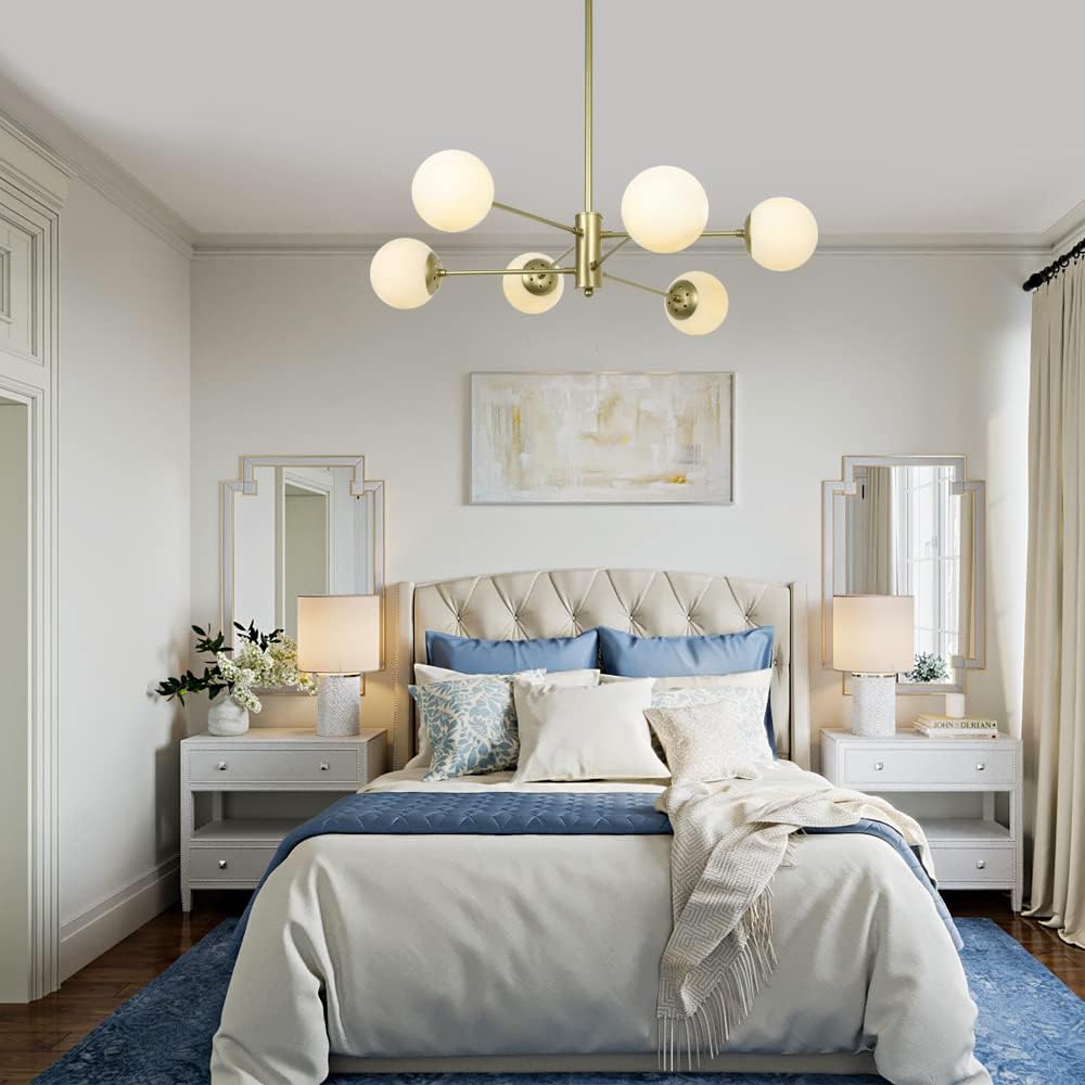 Candelabro de 6 luces doradas, lámpara moderna con pantalla de cristal de globo, lámpara de mediados de siglo para comedor, cocina y dormitorio