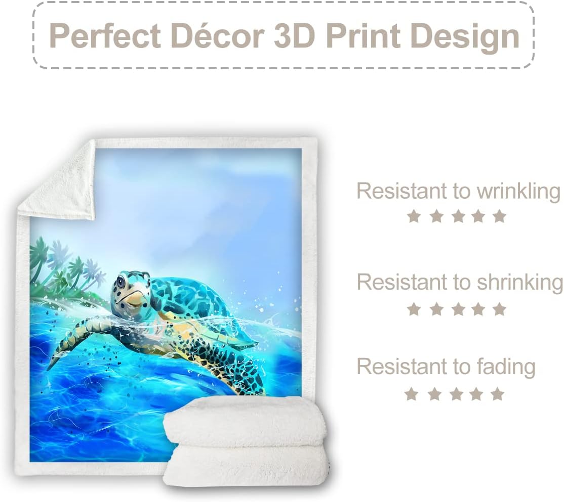 Sleepwish Manta reversible de vellón sherpa de tortuga marina 3D, manta mullida de felpa azul náutica para amantes de los animales de playa, regalo