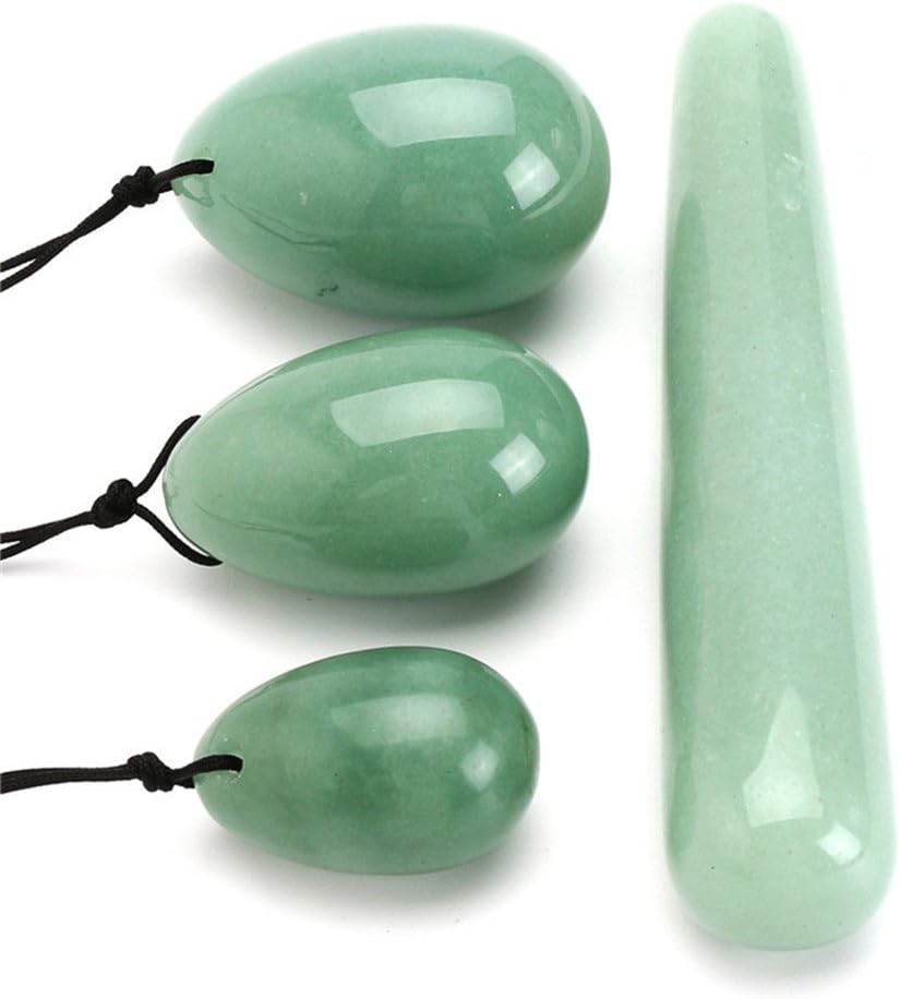 AITELEI Juego de 4 huevos de jade Yoni, 3 piezas perforados de cristal de cuarzo de aventurina verde natural, piedra de masaje + 1 palo de masaje