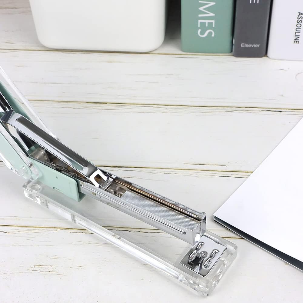 Grapadora de acrílico transparente verde para escritorio de oficina, grapadoras manuales, grapadora resistente, accesorios de escritorio acrílicos