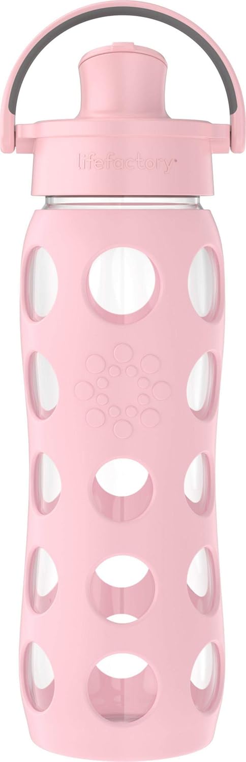 Lifefactory Botella de agua de vidrio de 22 onzas con tapa abatible activa y funda protectora de silicona, rosa del desierto