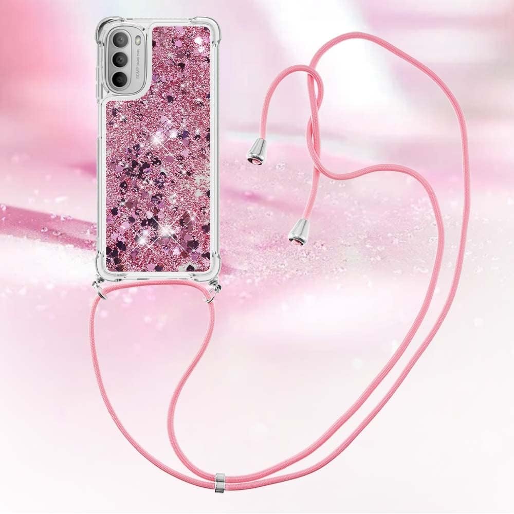 Asuwish Funda de teléfono para Motorola Moto G 5G 2022 con protector de pantalla y correa cruzada, con purpurina líquida, cubierta protectora