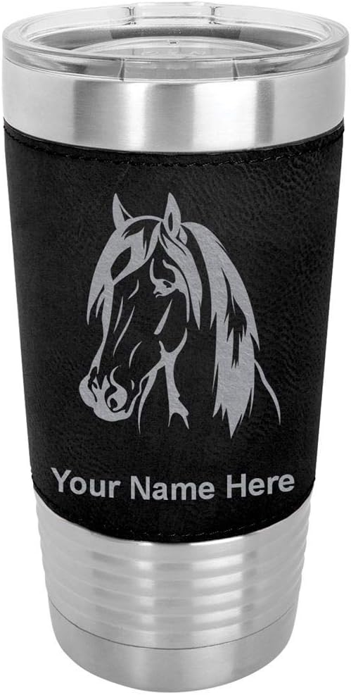 LaserGram Vaso aislado al vacío de 20 onzas, cabeza de caballo 1, grabado personalizado incluido (piel sintética, negro)