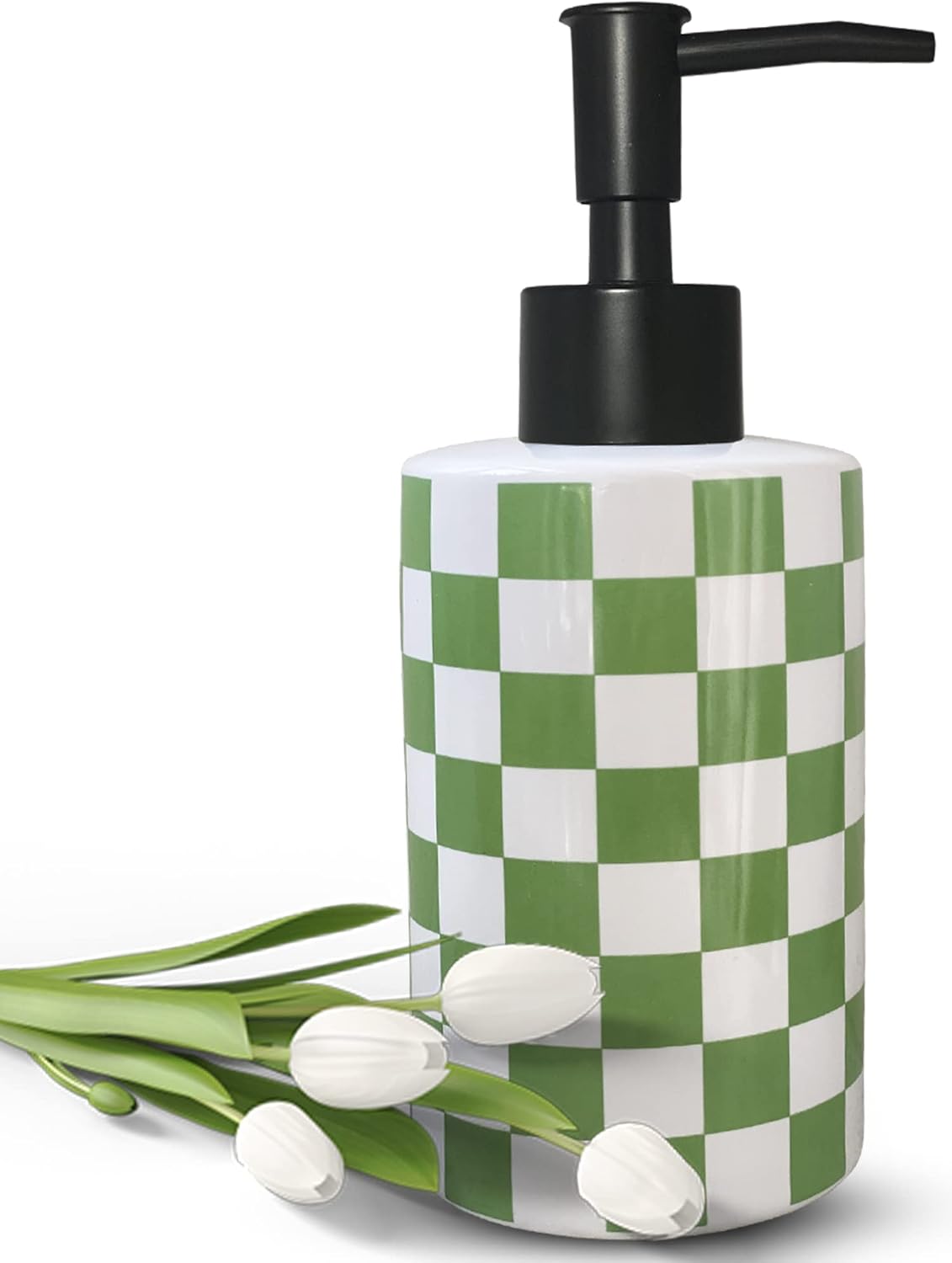 Dispensador de jabón de baño con bomba negra mate, dispensador de jabón de cerámica blanca para cocina, tablero de ajedrez, botella de bomba vacía