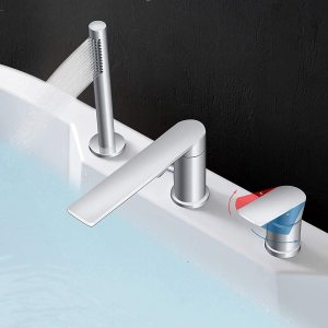 Grifo de bañera de latón macizo con juego de ducha de mano (cromo, boquilla plana de 3 agujeros) Grifo de bañera de latón macizo con juego de ducha de mano (cromo, boquilla plana de 3 agujeros)