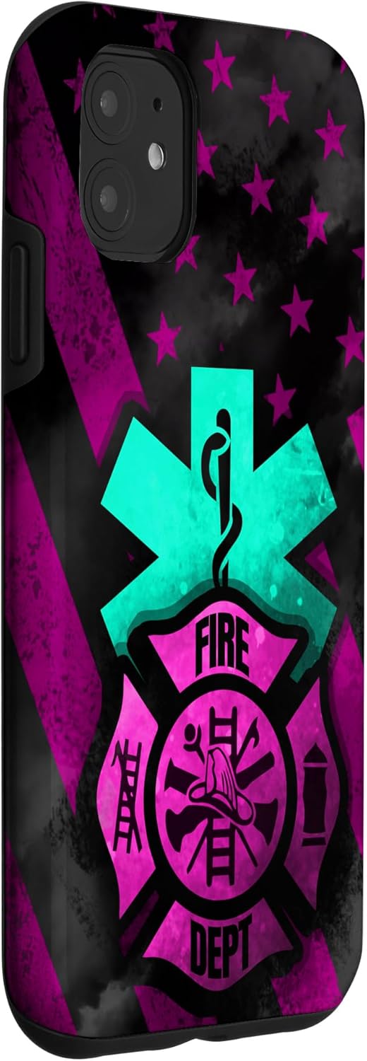 Funda para iPhone 11 EMT EMS Firefighter Pink Turquoise Fire Rescue American Flag