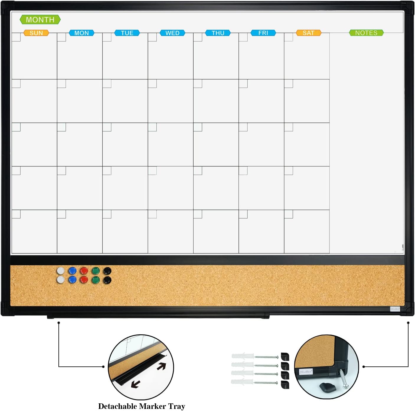 JILoffice Calendario magnético con combinación de pizarra blanca y tablero de corchos de anuncios, 24 x 18 pulgadas, paquete de 2, marco de aluminio