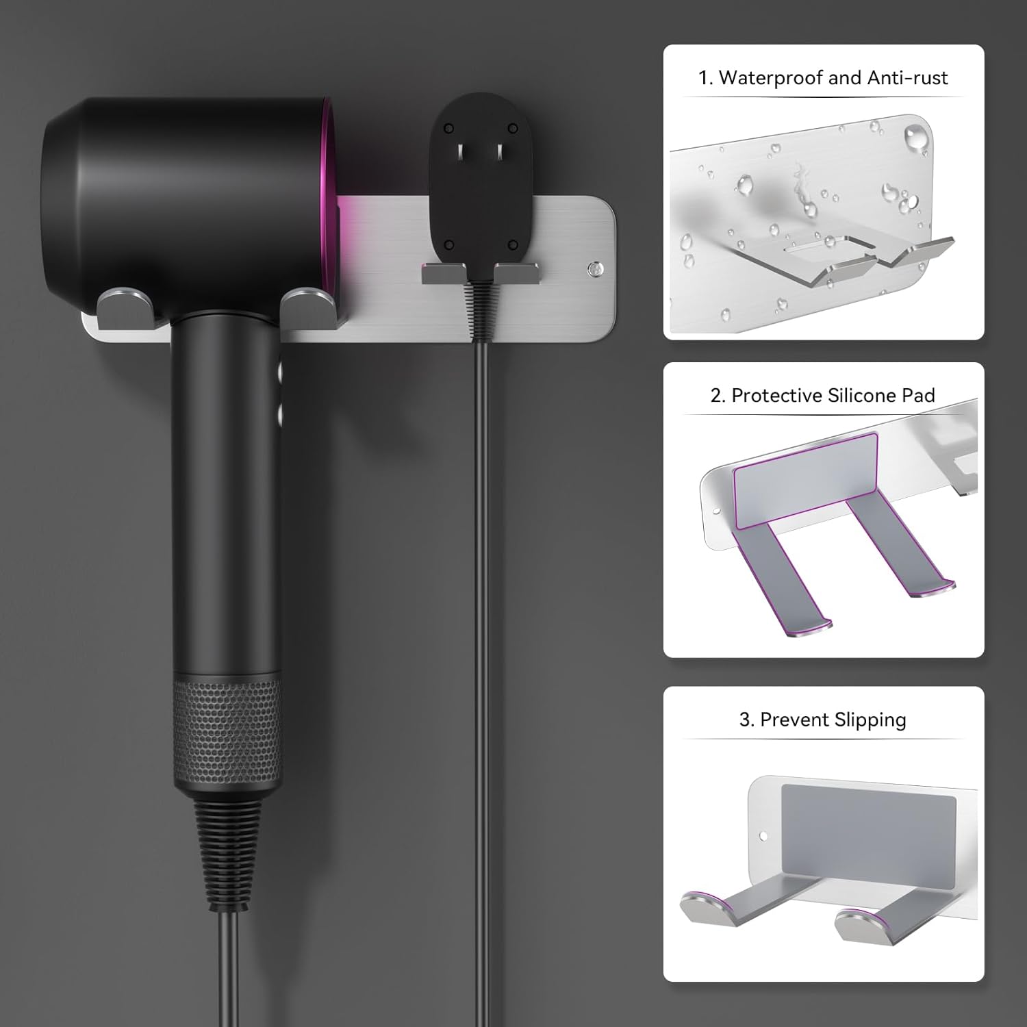 JNIHEEP Soporte para secador de pelo montado en la pared, soporte autoadhesivo de acero inoxidable para secador de pelo supersónico Dyson, plateado