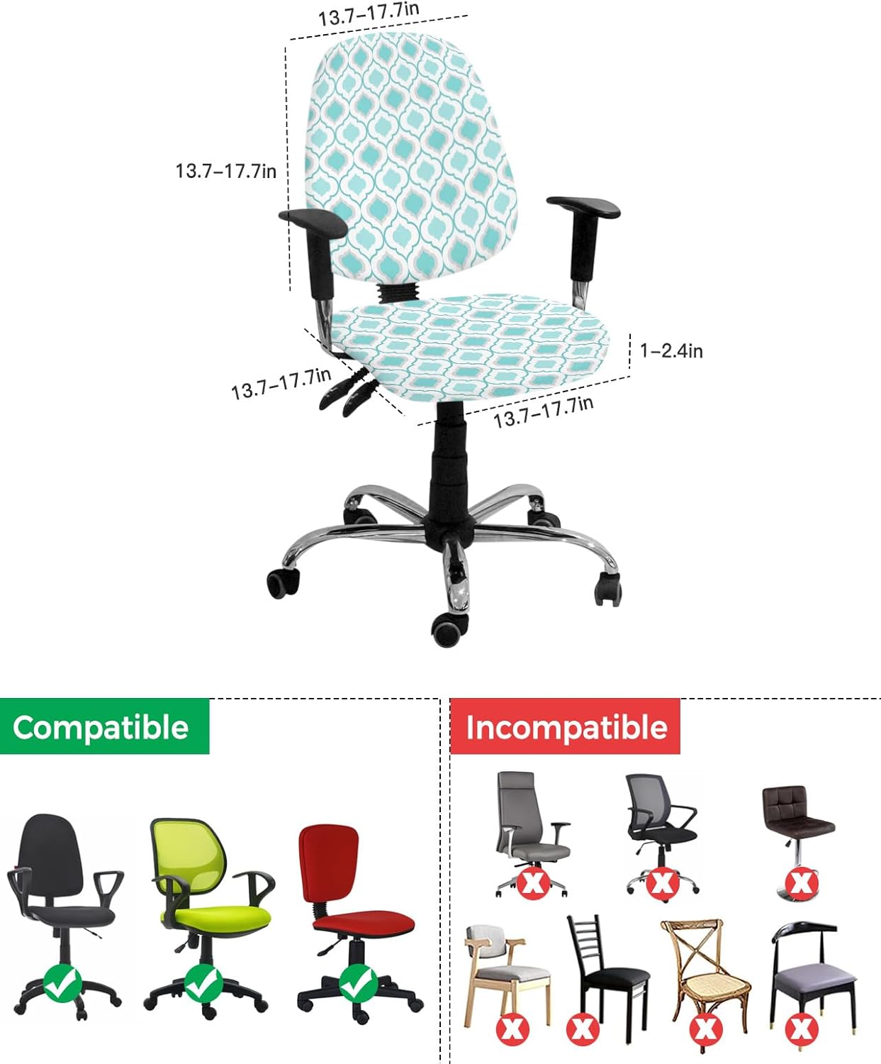 Fundas para silla de computadora de oficina, color verde azulado, turquesa, patrón geométrico, protector y elástico, resistente al agua, fundas de