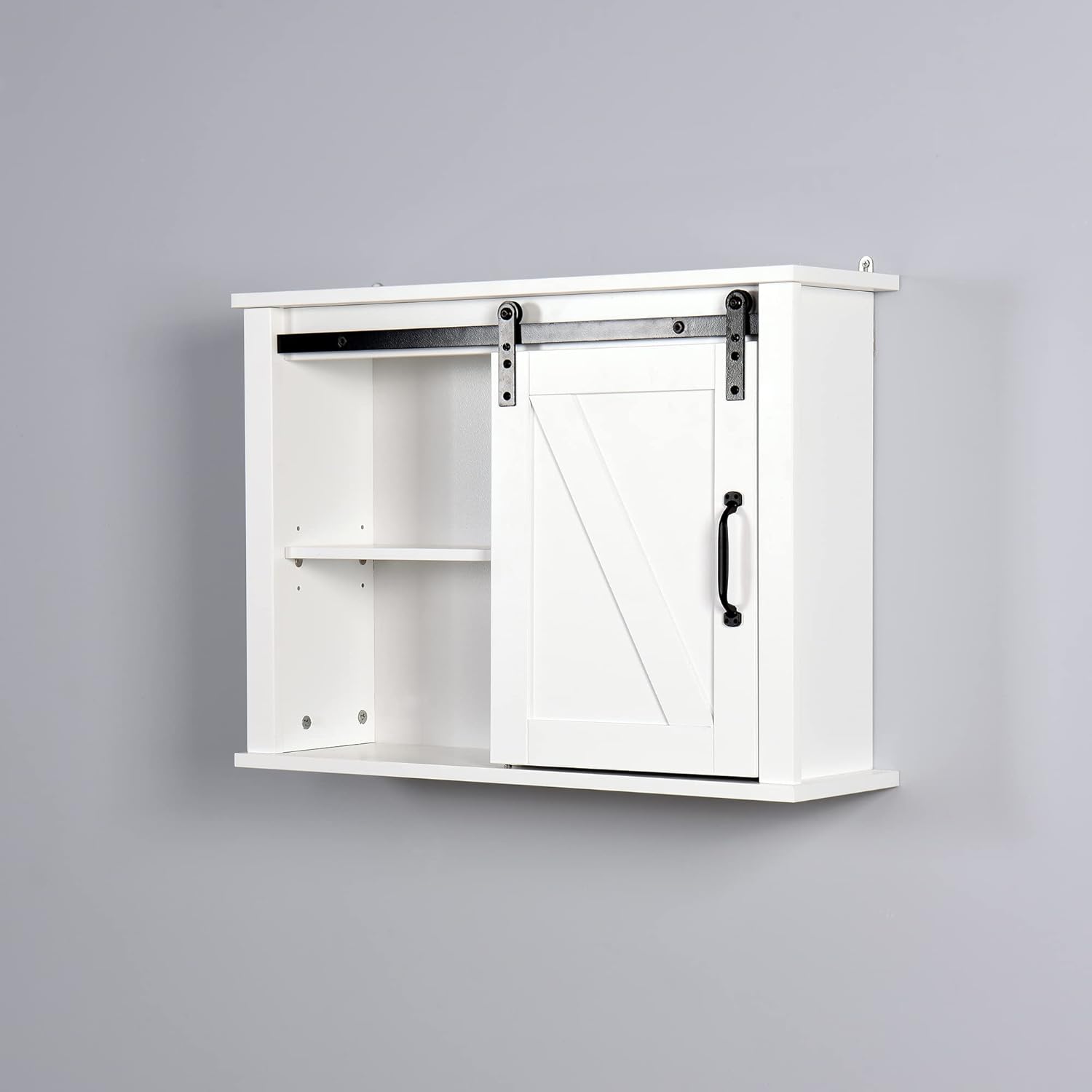 Armario de almacenamiento de pared con puerta de granero y 2 estantes ajustables en el interior, gabinete flotante de madera LERFAN moderno, 27.16 x
