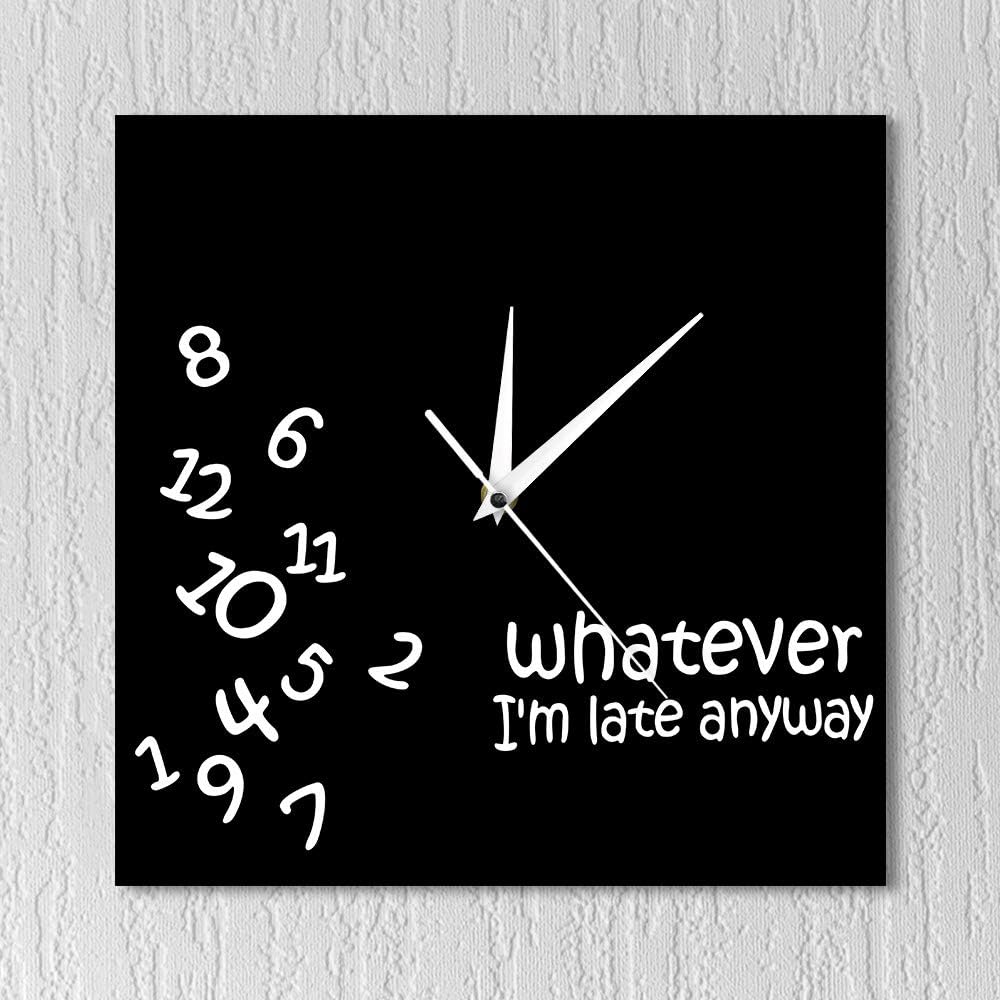 Whatever I’m Late Anyway – Reloj de pared cuadrado con números revueltos, divertido, moderno, silencioso, sin tictac, reloj de pared colgante para