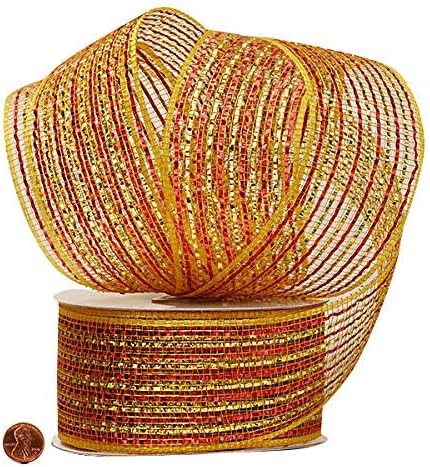 Guirnalda de Navidad de malla decorativa  2-12 pulgadas x 20 yardas, rollo de cinta a rayas rojas doradas y metálicas, festón, otoño, decoración de