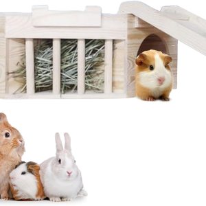 Hamiledyi Estante de heno de madera para conejillos de indias, estante de heno de madera natural, soporte de heno de gran capacidad, doble Hamiledyi Estante de heno de madera para conejillos de indias, estante de heno de madera natural, soporte de heno de gran capacidad, doble