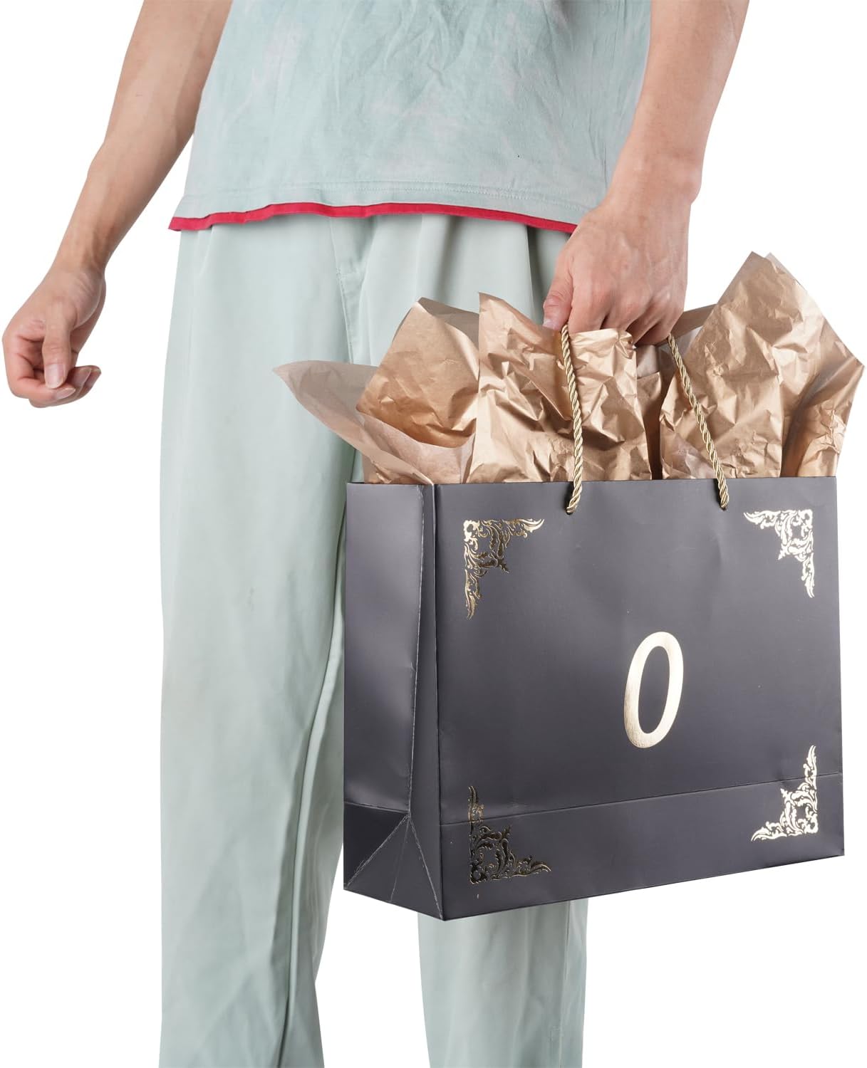 Lyforpyton Bolsas de regalo grandes con papel de seda y tarjeta de 12.6 x 4.3 x 9.8 pulgadas, bolsa de regalo negra para hombres y mujeres,