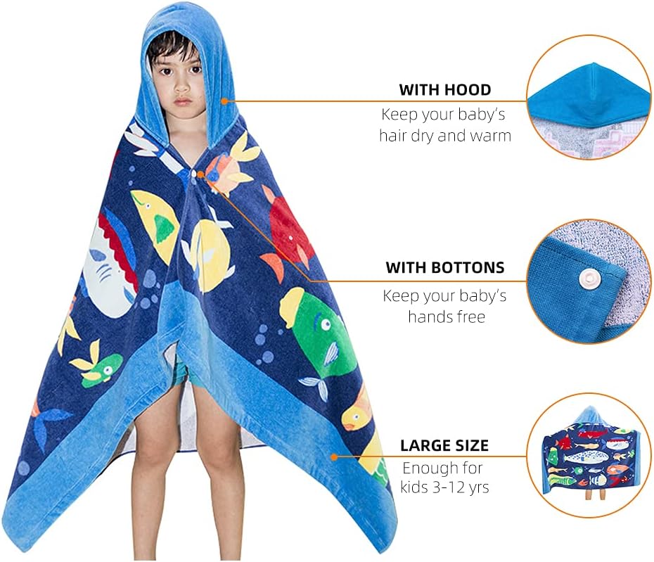 BANGSAUR Toallas de baño de playa con capucha para niños, 100% algodón, 50 x 30 pulgadas, bata de baño, niños pequeños de 3 a 12 años, color pez