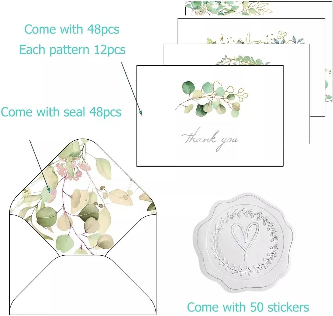 Paquete de 48 tarjetas de agradecimiento con sobres y calcomanías, diseño de estilo plateado de 6 x 4 pulgadas, notas en blanco para compromiso,