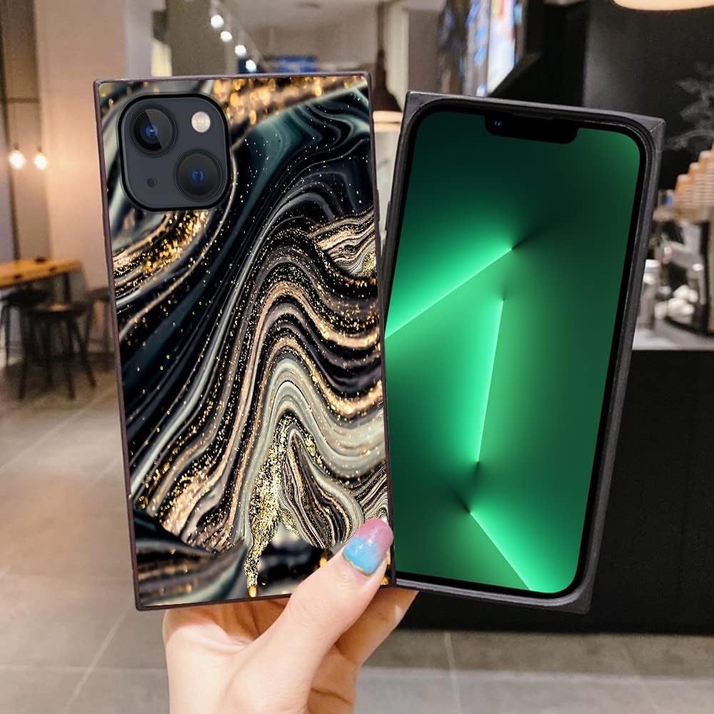 Funda cuadrada de lujo para iPhone 15, diseño de mármol de geoda de ónix negro y dorado, funda cuadrada para mujeres y hombres, suave TPU protección