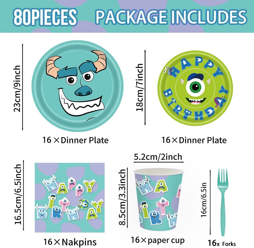 Juego de 80 piezas de platos de papel para fiesta de cumpleaños de monstruo, servilletas, tazas, tenedores, niños, monstruos, fiesta de cumpleaños,