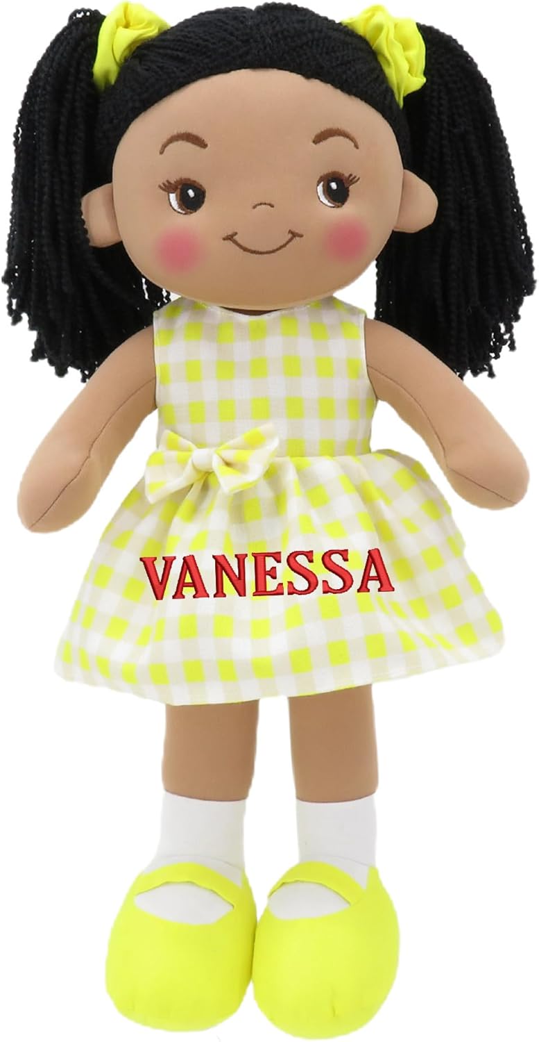 Muñecas de acurrucarse personalizadas, muñeca de trapo suave morena personalizada, vestido amarillo a cuadros, 16 pulgadas, muñecas de trapo