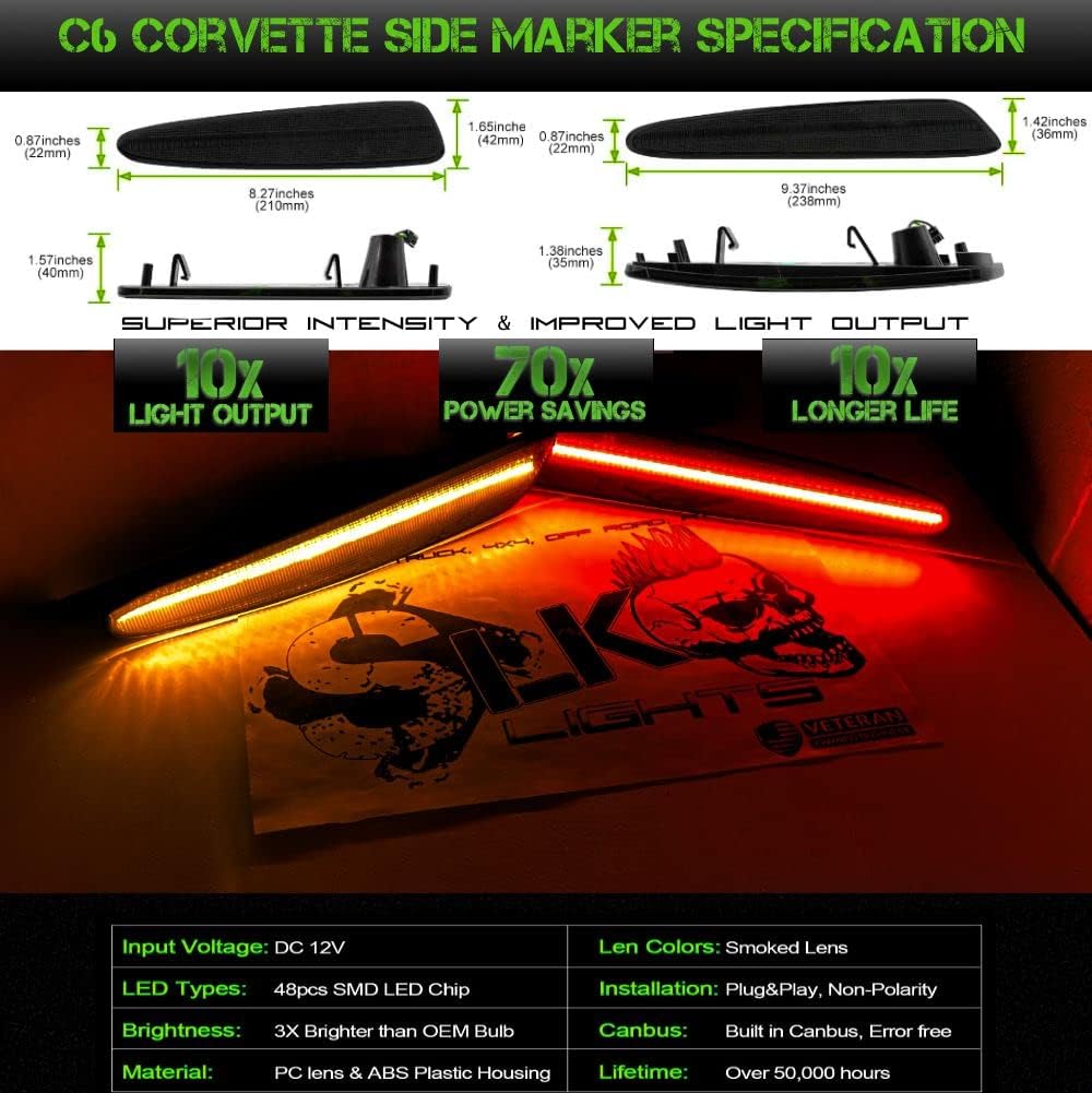 SLK – Luces LED de posición laterales para Chevrolet C6 Corvette 2005-2013 ámbar LED frontal y rojo trasero C6 luces de marcador reemplazan las
