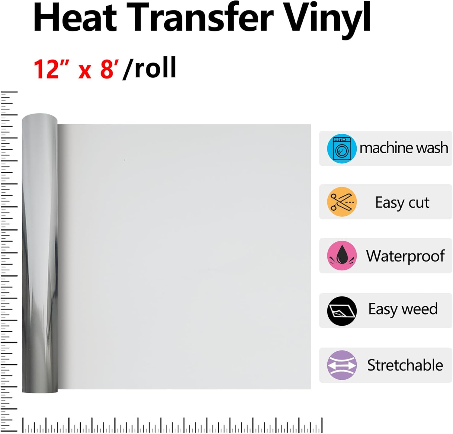 RENLITONG HTV – Vinilo metálico de transferencia de calor de poliuretano elástico, 12 pulgadas x 8 pies, rollo de bricolaje para ropa de camisetas,