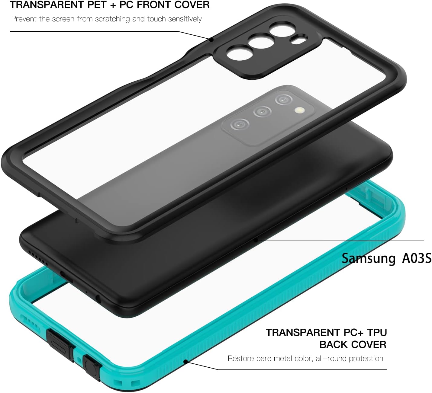 Funda impermeable para Samsung Galaxy A03S con protector de pantalla integrado, resistente al agua, a prueba de polvo, a prueba de golpes, a prueba
