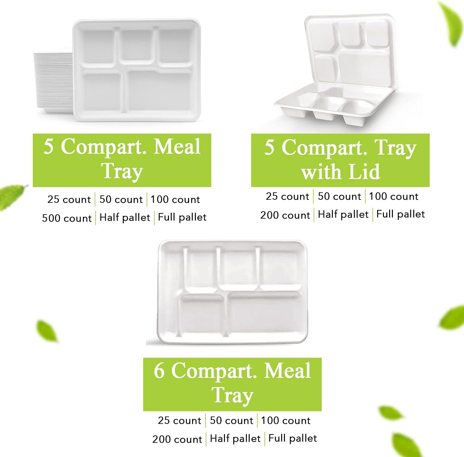 three leaf Juego de 5 bandejas de comida con tapa, 25 juegos. Platos de bagazo desechables resistentes y ecológicos con plomo, platos 100%