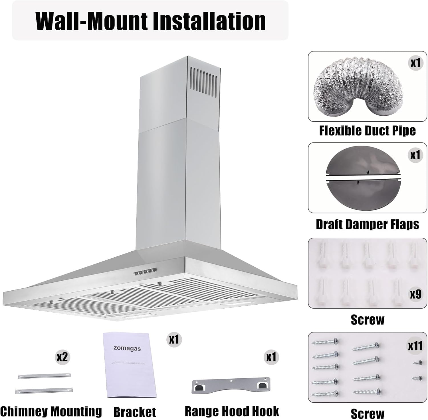 Zomagas Campana extractora de 36 pulgadas, campana de ventilación montada en la pared en acero inoxidable, campana de cocina sin conductos con