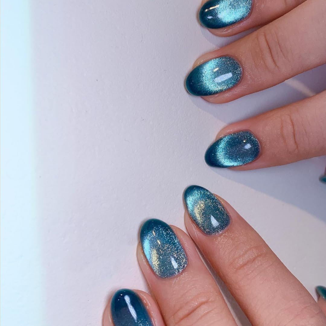 Xcrear – Uñas postizas a presión de ojo de gato, cortas ovaladas, uñas postizas con purpurina azul, uñas postizas de longitud corta, uñas acrílicas,