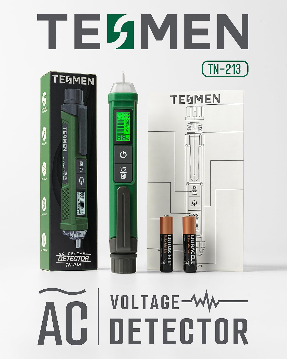 Probador de voltaje, probador de voltaje sin contacto TESMEN TN-213, probador eléctrico, CA 12 V70 V-1000 V, rango doble, pantalla LCD en