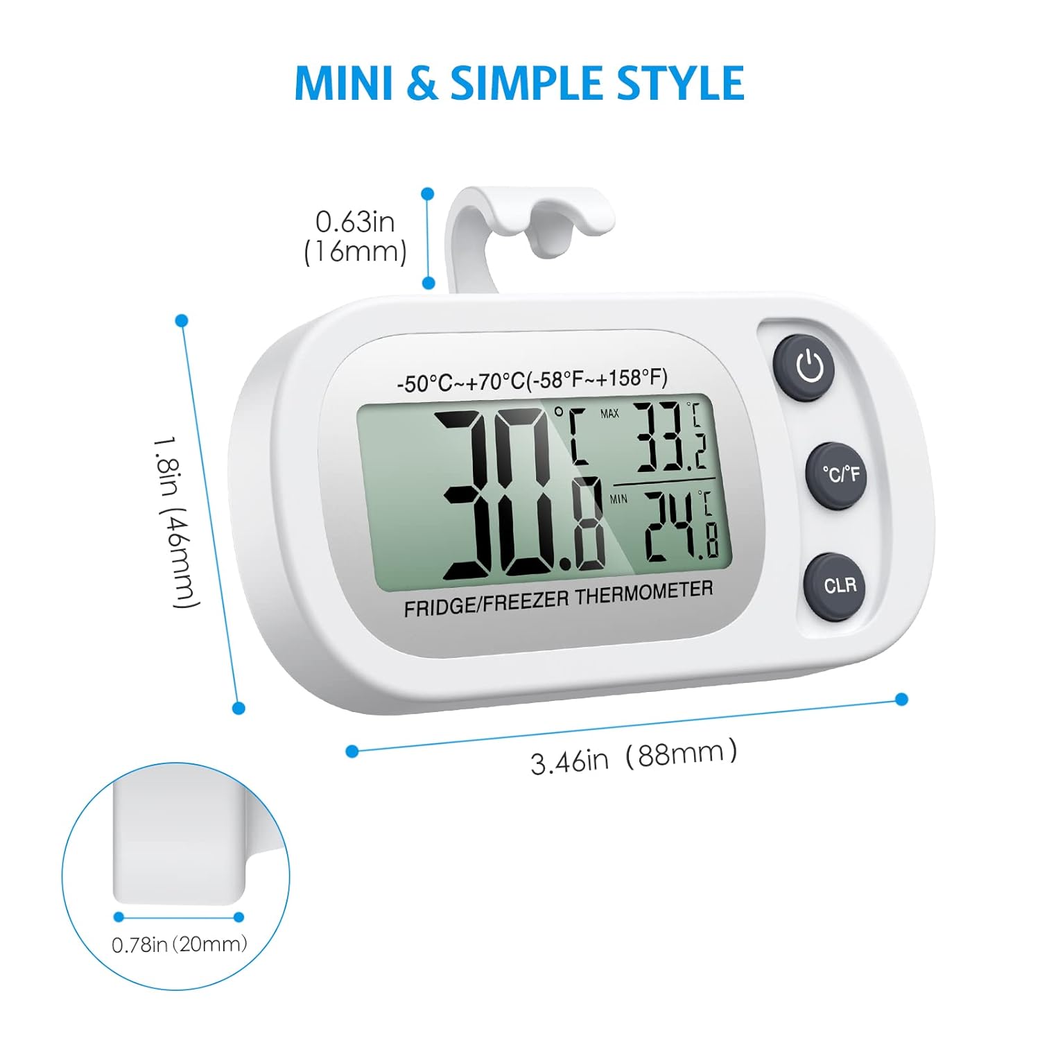 Olipiter Termómetro de refrigerador mejorado, termómetro digital para congelador, termómetro impermeable para refrigerador con gancho, pantalla LCD,