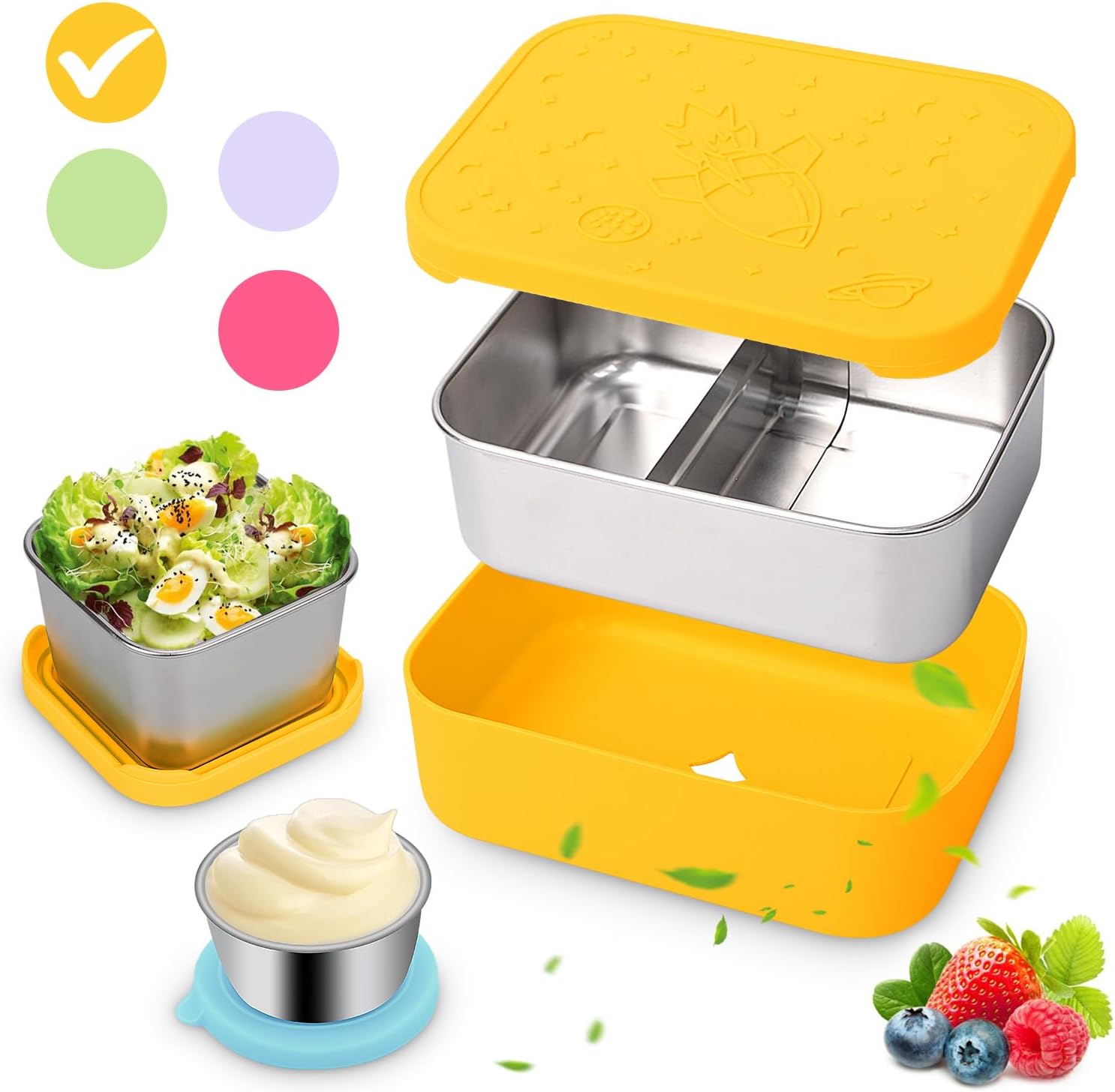 Juego de 3 cajas Bento de acero inoxidable, 96.4 fl oz, a prueba de fugas, cajas de almacenamiento de alimentos divididas con tapa de silicona y