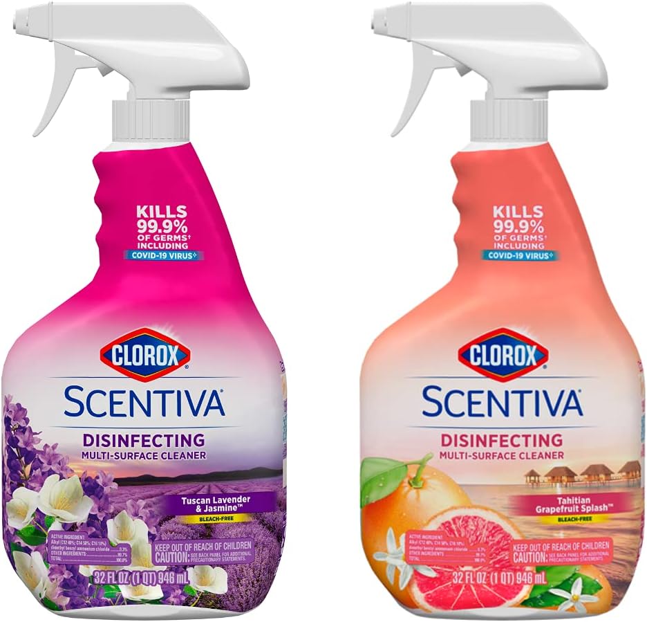 Clorox Scentiva – Spray limpiador multisuperficie, 32 onzas (paquete variado) aromas de lavanda toscana y jazmín y pomelo de Tahití