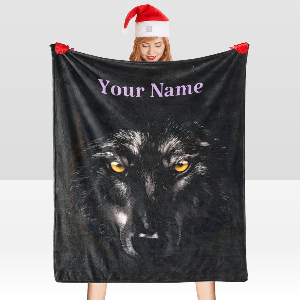 Manta personalizada con el texto de tu nombre, manta de forro polar supersuave de lobo negro para sofá, cama (50 x 60 pulgadas)