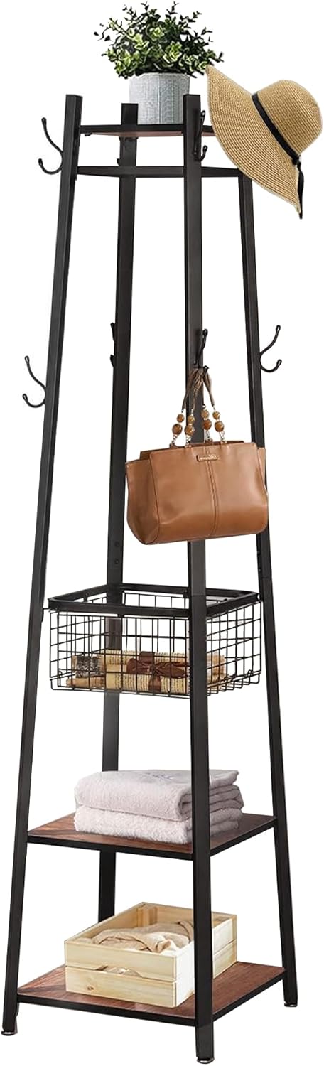 VECELO Perchero independiente, árbol de pasillo con cesta de metal y estantes de almacenamiento, perchero industrial con 8 ganchos para colgar