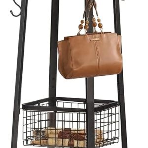 VECELO Perchero independiente, árbol de pasillo con cesta de metal y estantes de almacenamiento, perchero industrial con 8 ganchos para colgar VECELO Perchero independiente, árbol de pasillo con cesta de metal y estantes de almacenamiento, perchero industrial con 8 ganchos para colgar