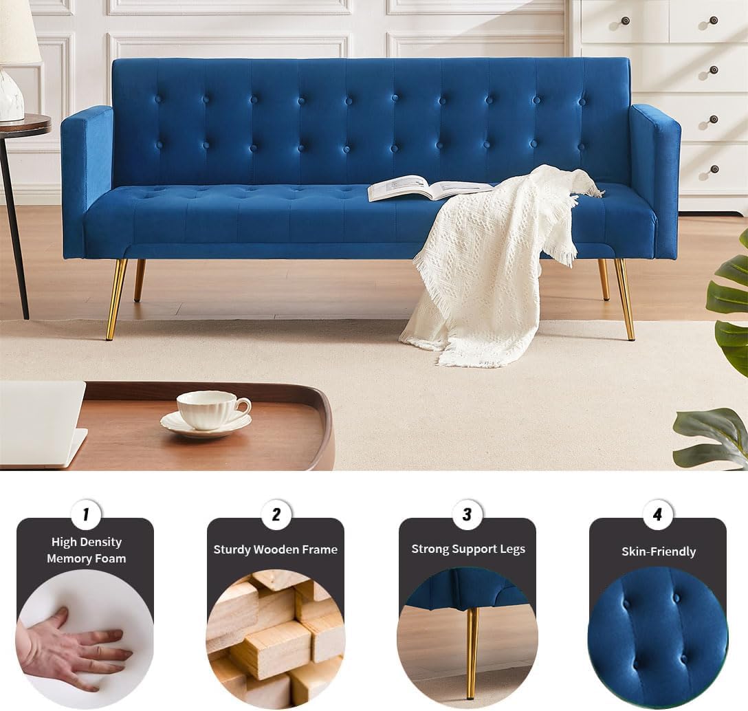 Mdhitsox Moderno sofá cama futón de terciopelo, sofá cama convertible con patas de metal, respaldo ajustable tapizado, asiento reclinable copetudo