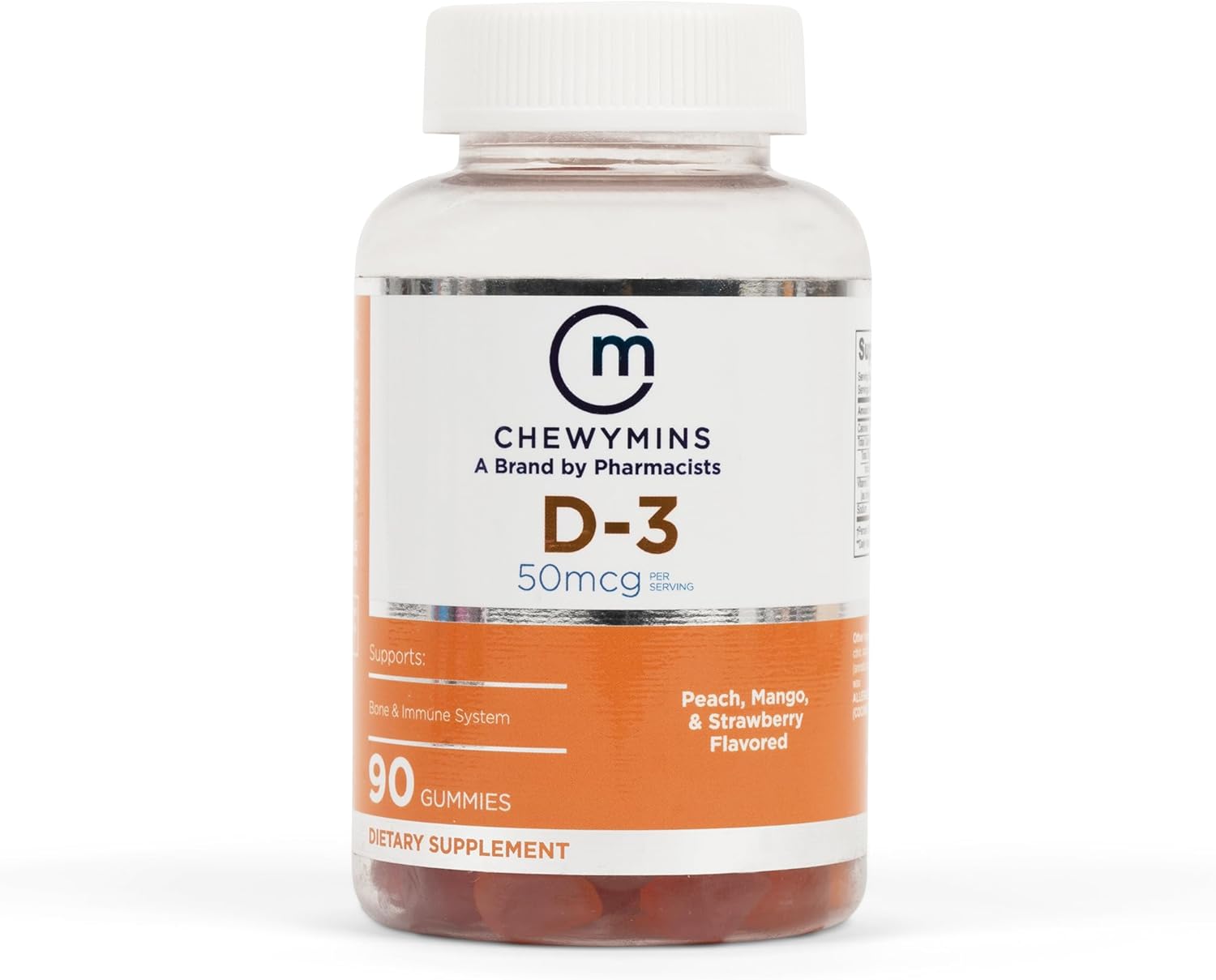 Gomitas de vitamina D-3 Halal – Sabor melocotón, mango y fresa – Sin OMG, orgánicas y vegetarianas – Apoya los huesos y el sistema inmunológico – 50