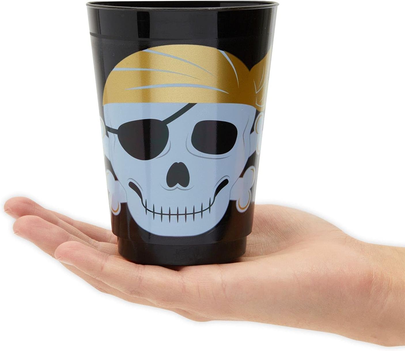 Sparkle and Bash Paquete de 16 vasos de plástico con temática de calavera para niños, suministros de fiesta de cumpleaños pirata (negro, 16 onzas)
