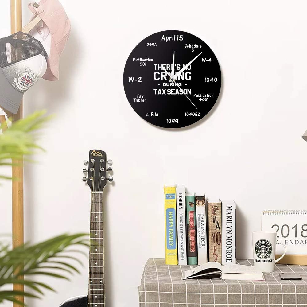 Reloj de temporada de impuestos, 12 x 12 pulgadas, negro, analógico, funciona con pilas, movimiento de cuarzo, tic silencioso, divertida decoración