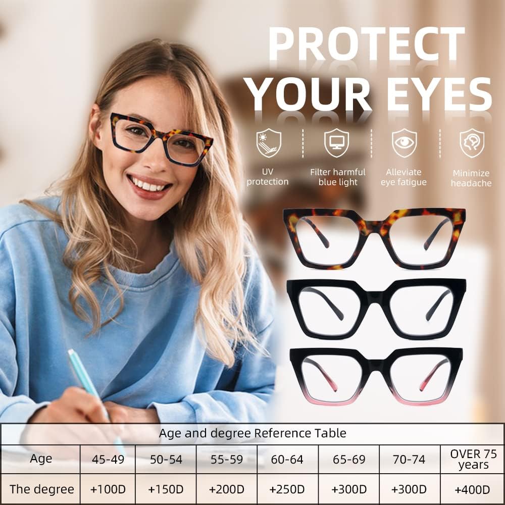 Paquete de 3 lentes de lectura multienfoque para mujer, lectores multifocales progresivos, bloqueo de luz azul, bisagras de resorte
