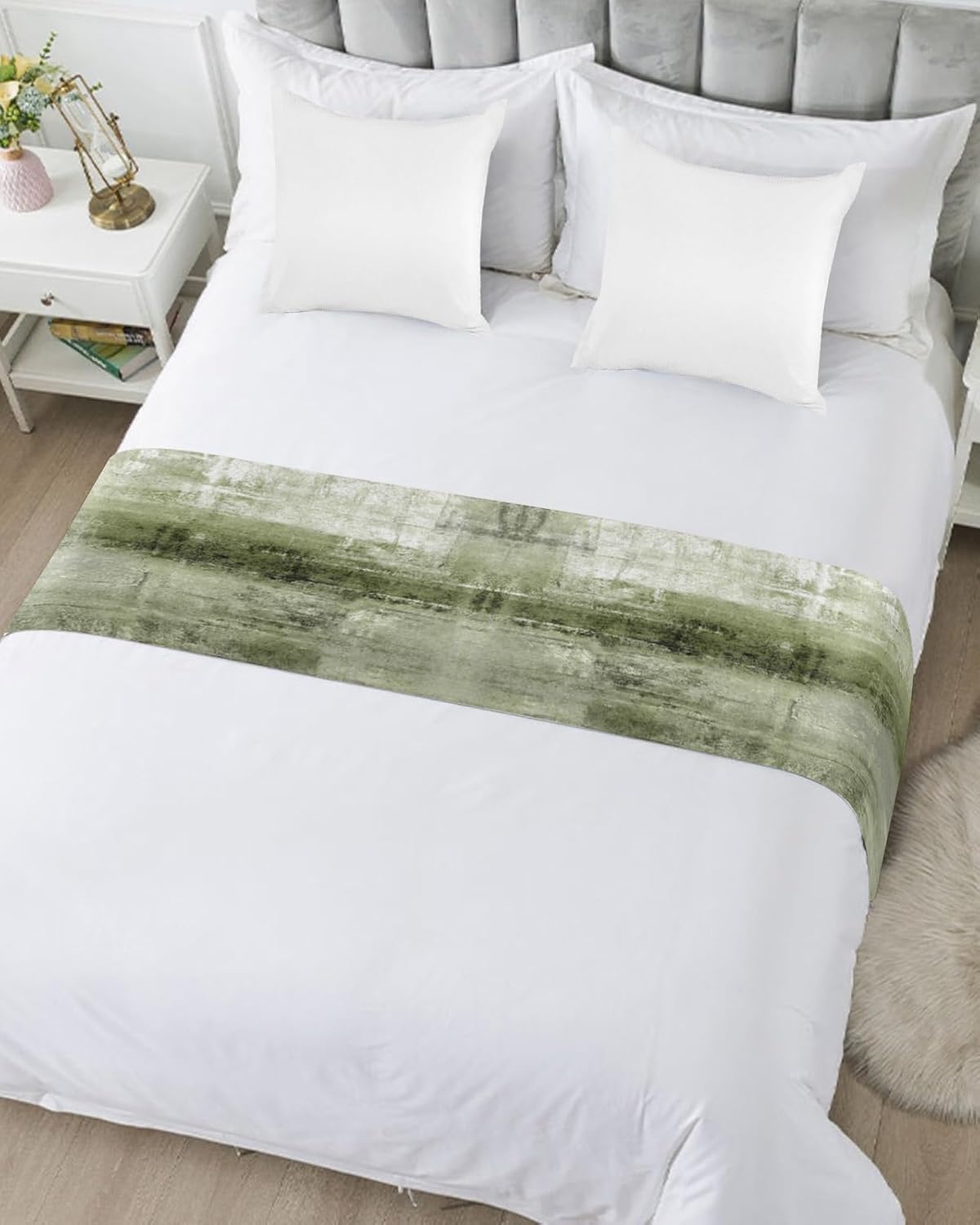 Camino de cama para cama tamaño Queen, color verde salvia, manta decorativa para pie de cama, pintura al óleo geométrica moderna, arte abstracto,